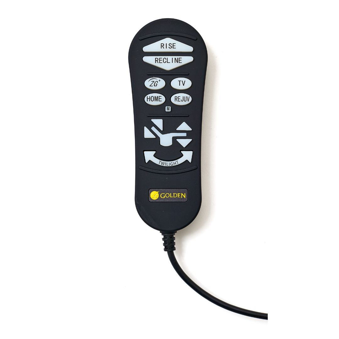 The Golden Technologies Lift Chair Remote Replacement is black with white buttons labeled Rise, Recline, and ZG, among others. It features directional arrows, a cord, a prominent Golden logo at the bottom, and is compatible with the AutoDrive Calibration system.